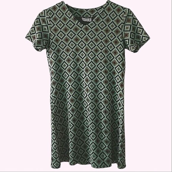 Vintage Soda Blu Green Mod Print Knit Mini T Shirt Dress Size S - Picture 1 of 4
